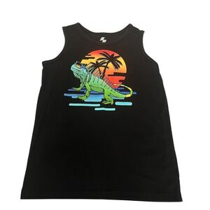 Kids Place‎ Sport Graphic Tank Top Iguana Palm Tree Sunset Beach Black Size L